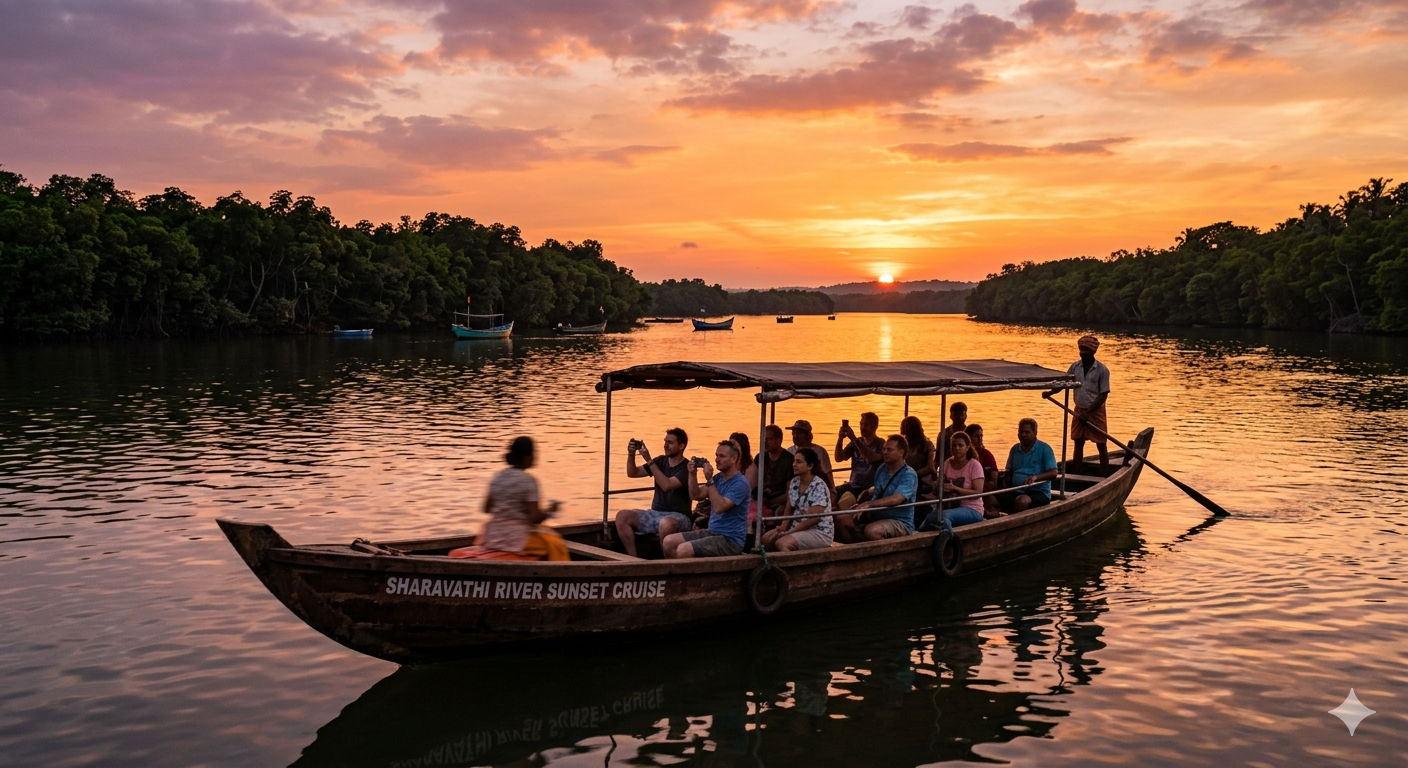 Wooden boat cruising at sunset on Sharavathi River mangroves Honnavar Karnataka