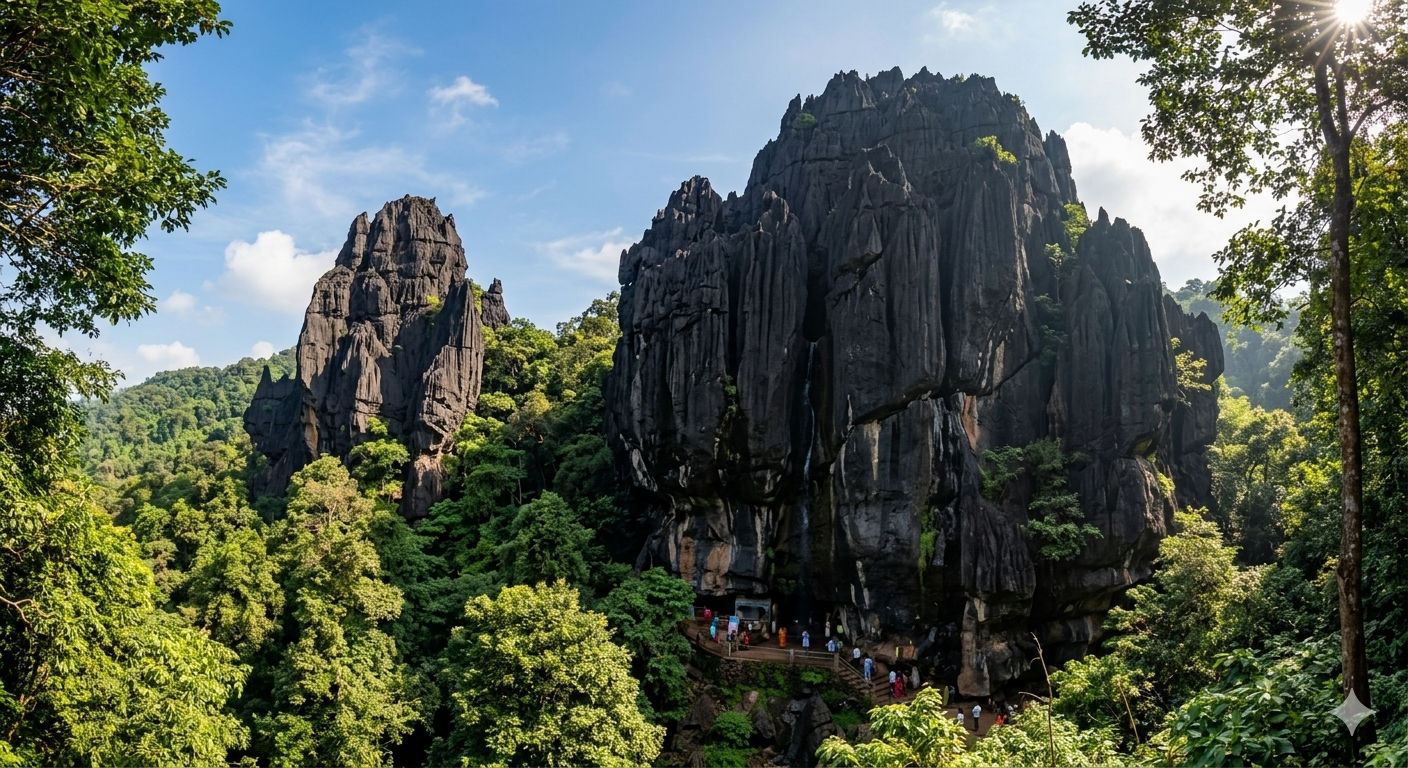 Yana karst limestone monoliths rising above Sahyadri rainforest