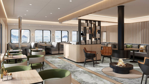 Rendering of the Swan Hellenic Minerva's Club Lounge, which features a holographic fireplace.