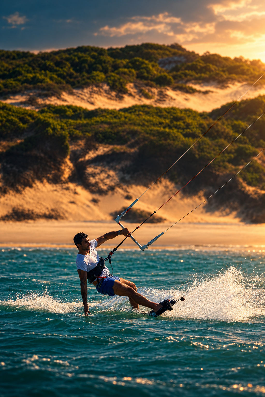 Kitesurfista em ação ao entardecer