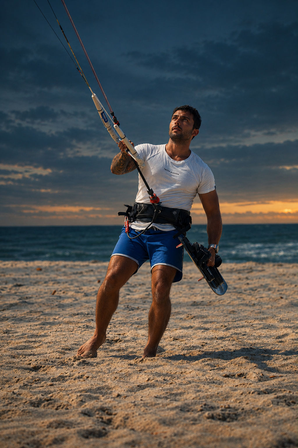 Kite em praia escura ao amanhecer