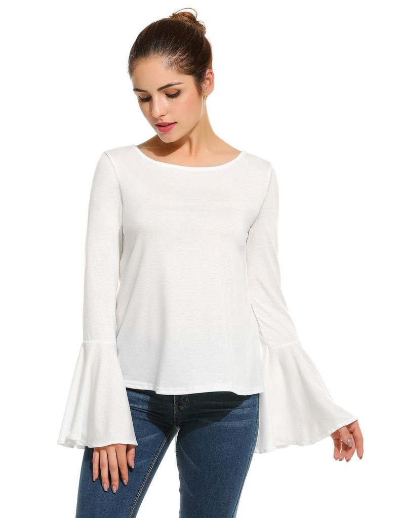 White New Women Casual O-Neck Flare Sleeve Back Lace Up Blouse Tops