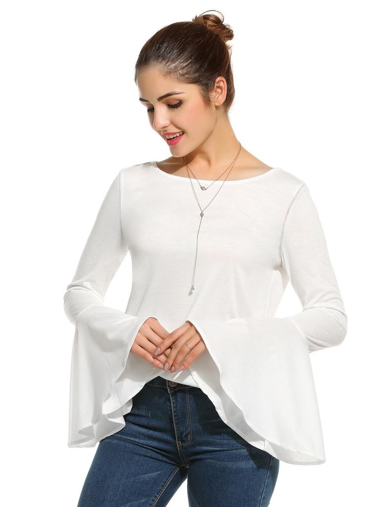 White New Women Casual O-Neck Flare Sleeve Back Lace Up Blouse Tops