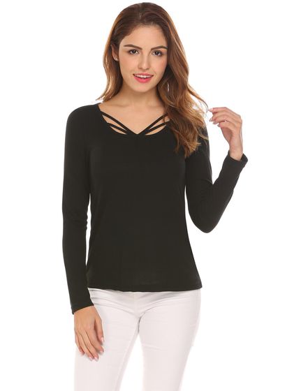 Black Women V-Neck Strappy Cut Out Long Sleeve Solid Casual T-Shirt Top