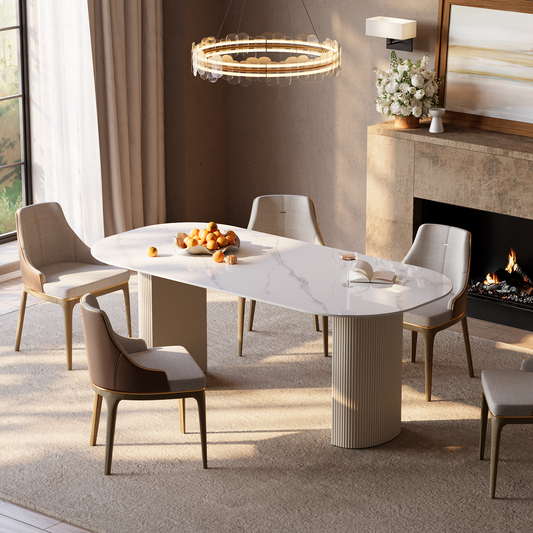 [Pre-Sale] 71" Luxury Snow Mountain Sintered Stone Dining Table, Fluted Pedestal Table for 6-8