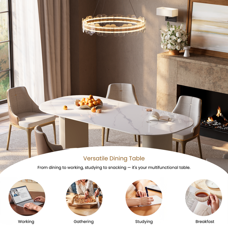 [Pre-Sale] 71" Luxury Snow Mountain Sintered Stone Dining Table, Fluted Pedestal Table for 6-8