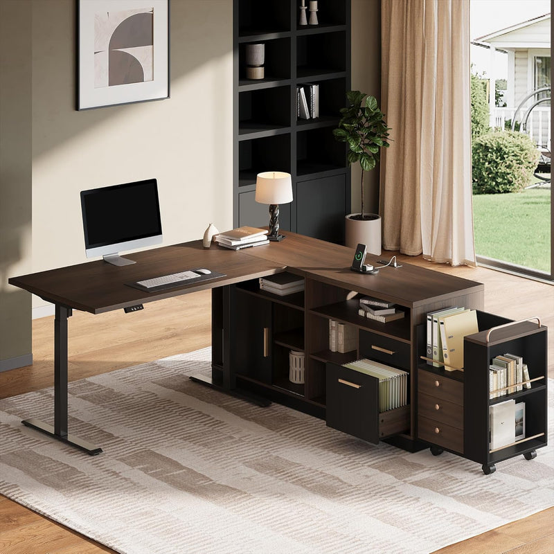L-shaped brown desk pairs an adjustable work surface with shelving, cabinets, drawers, and a wheeled side cart