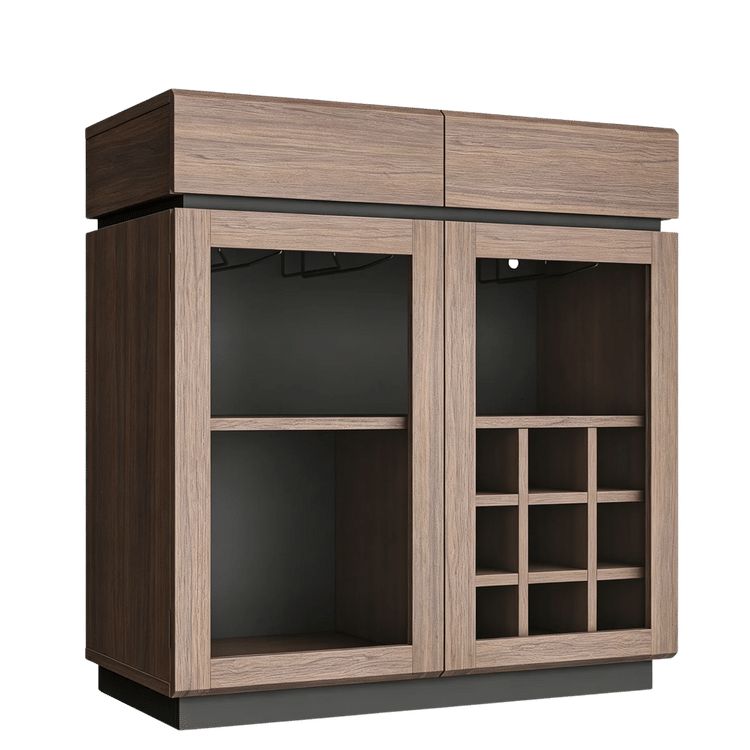 A dark wood cabinet with two glazed doors, open shelves, and a grid of bottle compartments appears on black