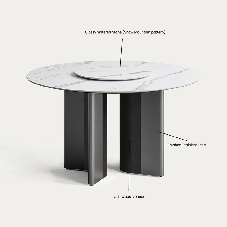 53" Snowy Mountain Glossy Sintered Stone Round Table for 6-8 (with Turntable)