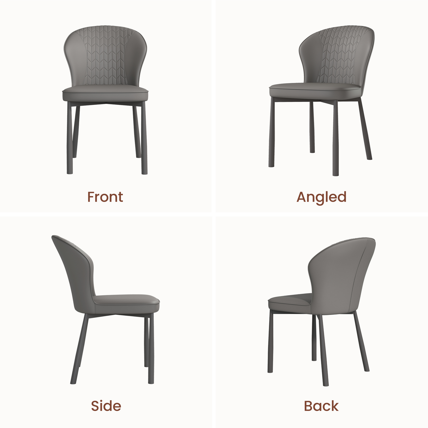 Four panels show a dining chair with a curved back, chevron stitching, cushioned seat, and four tapered legs