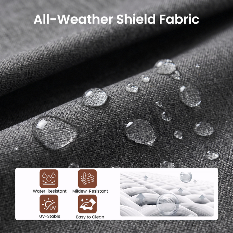 Water droplets cover the dark woven fabric, Labels: Water-Resistant, Mildew-Resistant, UV-Stable, Easy to Clean