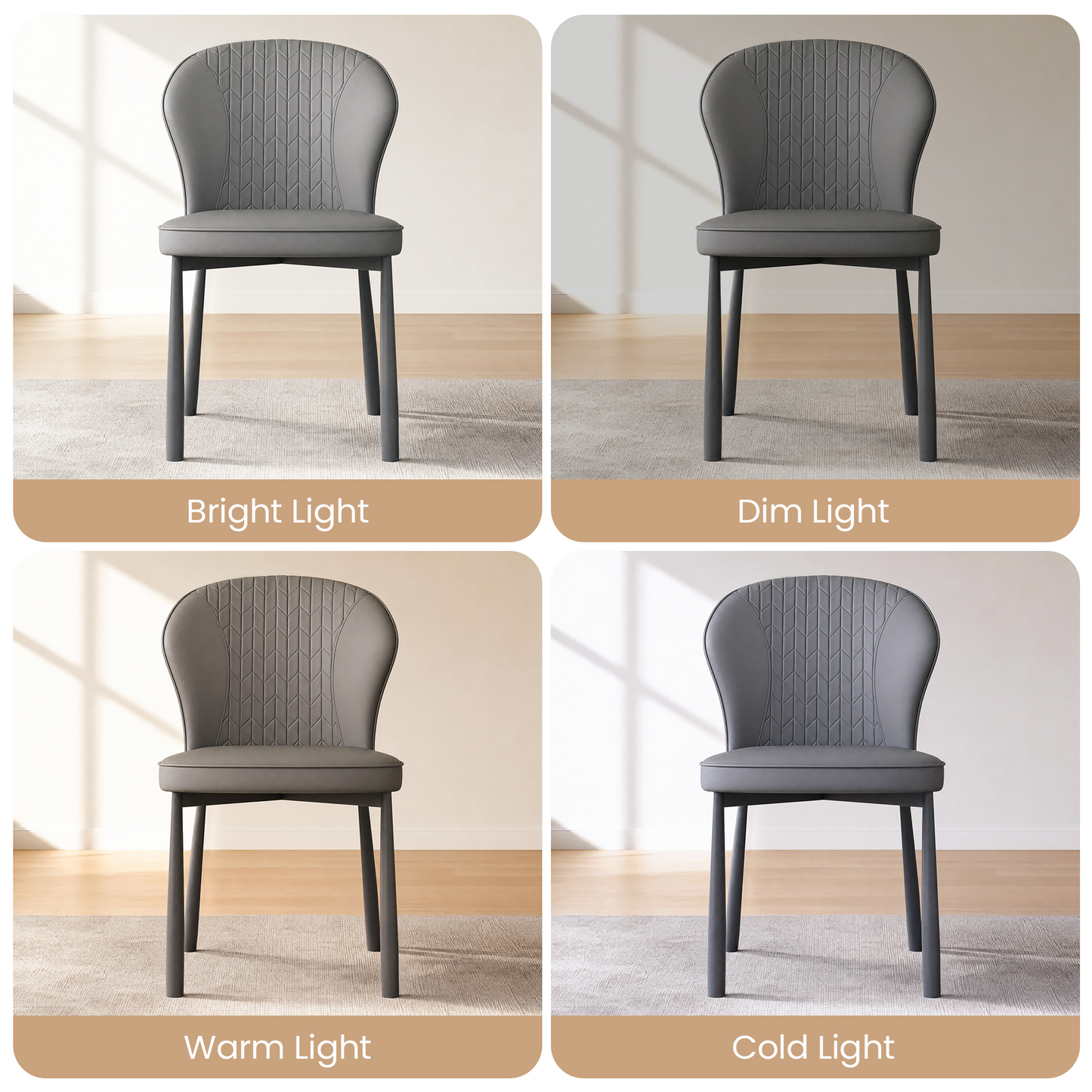 Four panels show the same gray chair under bright, dim, warm, and cold lighting