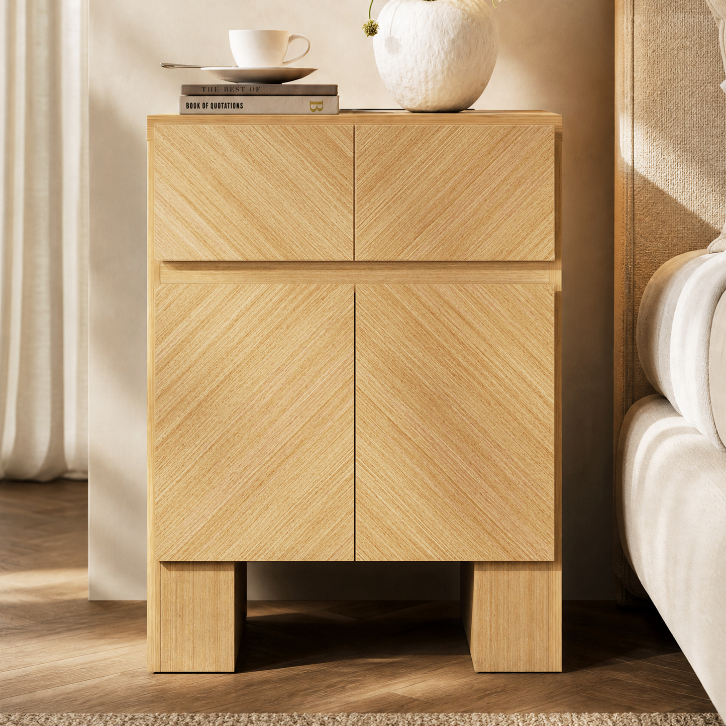 Tall light wood-look cabinet with four diagonally grained door fronts