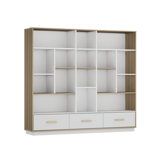 60" Bookshelf with Drawers, White Walnut Cube Storage Organizer