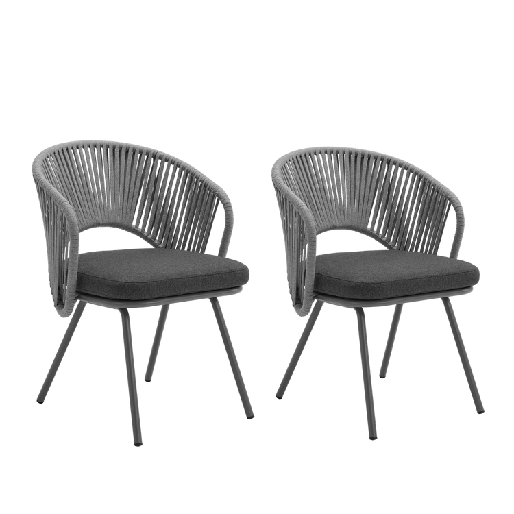 Two gray rope-style dining chairs shown together