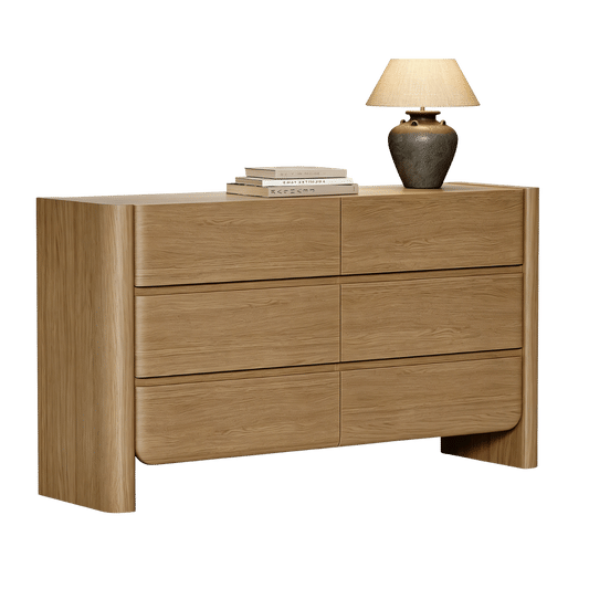 55 Inch 6 Drawer Curved Edge Dresser, Thick Rounded Side Panels