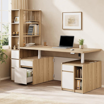 [Pre-Sale] Soren 71" Light  Walnut Executive Standing Desk & Bookcase Set