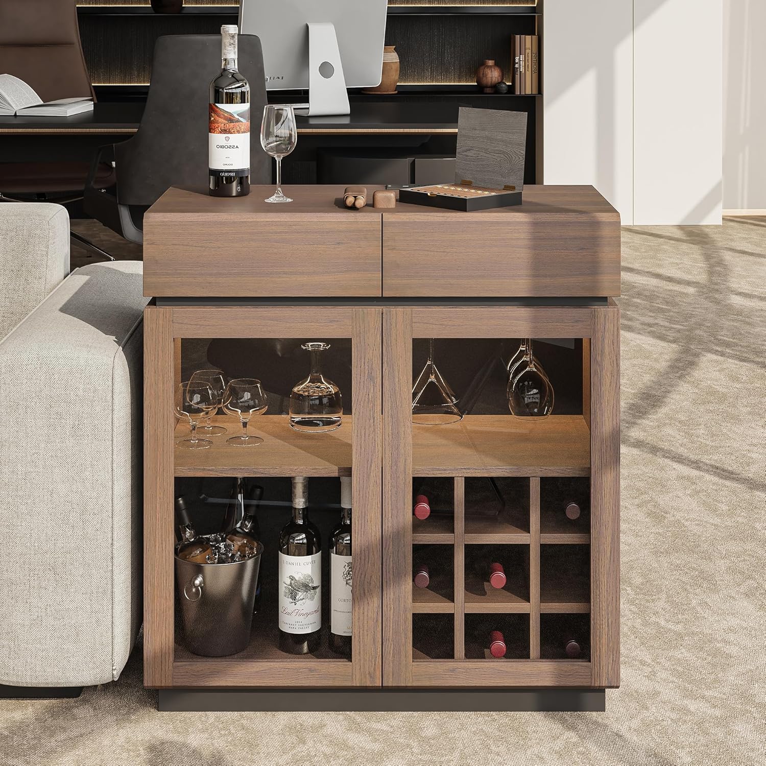 A bar cabinet has two upper drawers, two clear lower doors, a stemware shelf, and a nine-cubby bottle rack