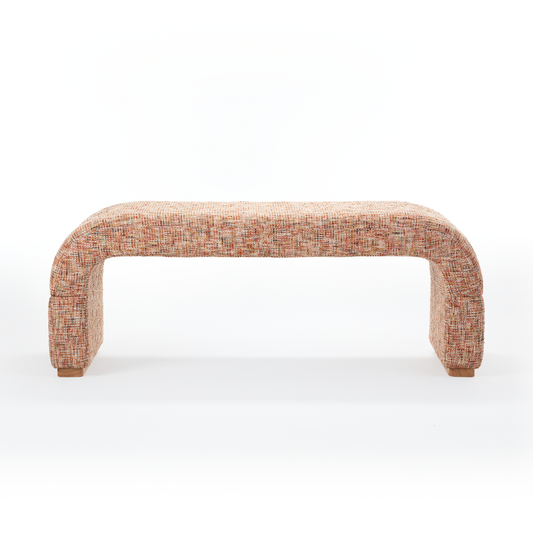 Backless bench has rounded sides and multicolor textured upholstery