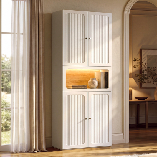 Tall white cabinet shown in a furnished room