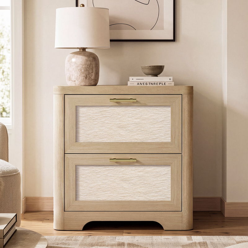 22-Inch Wide Natural Oak-Look Nightstand with Charging Station and 2 Drawers