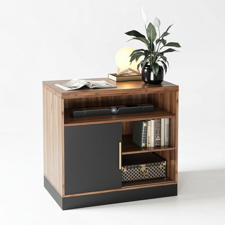Wood-toned and black cabinet shown on a plain background