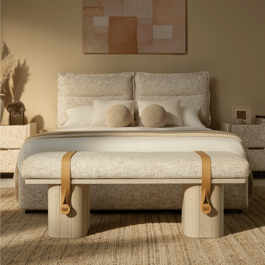 Freya Upholstered Bench, Sandstone Beige – Faux Travertine Base & Leather Accents