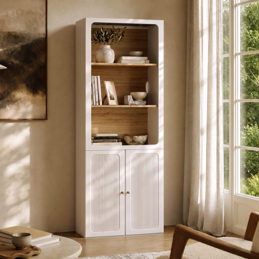 FlexMod 78.1" Modular Tall Bookcase with Scalloped Doors, Open Shelves & LED Lighting