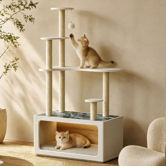 Cat tree with cats shown in a room