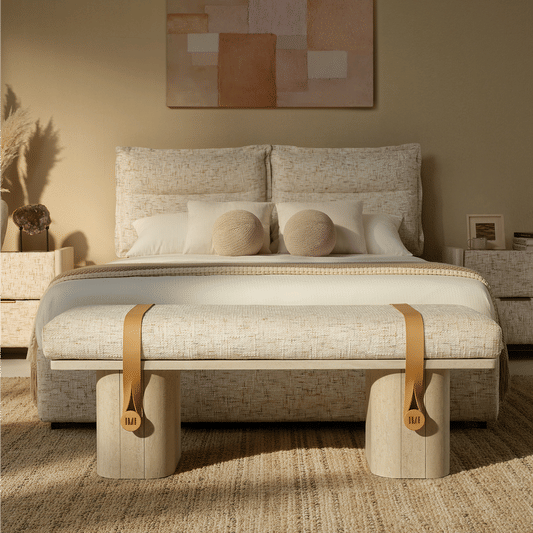 Freya 4-Piece Queen Upholstered Bedroom Set: 4-Drawer Storage Bed, 2 Nightstands & Bench, Sandstone Beige