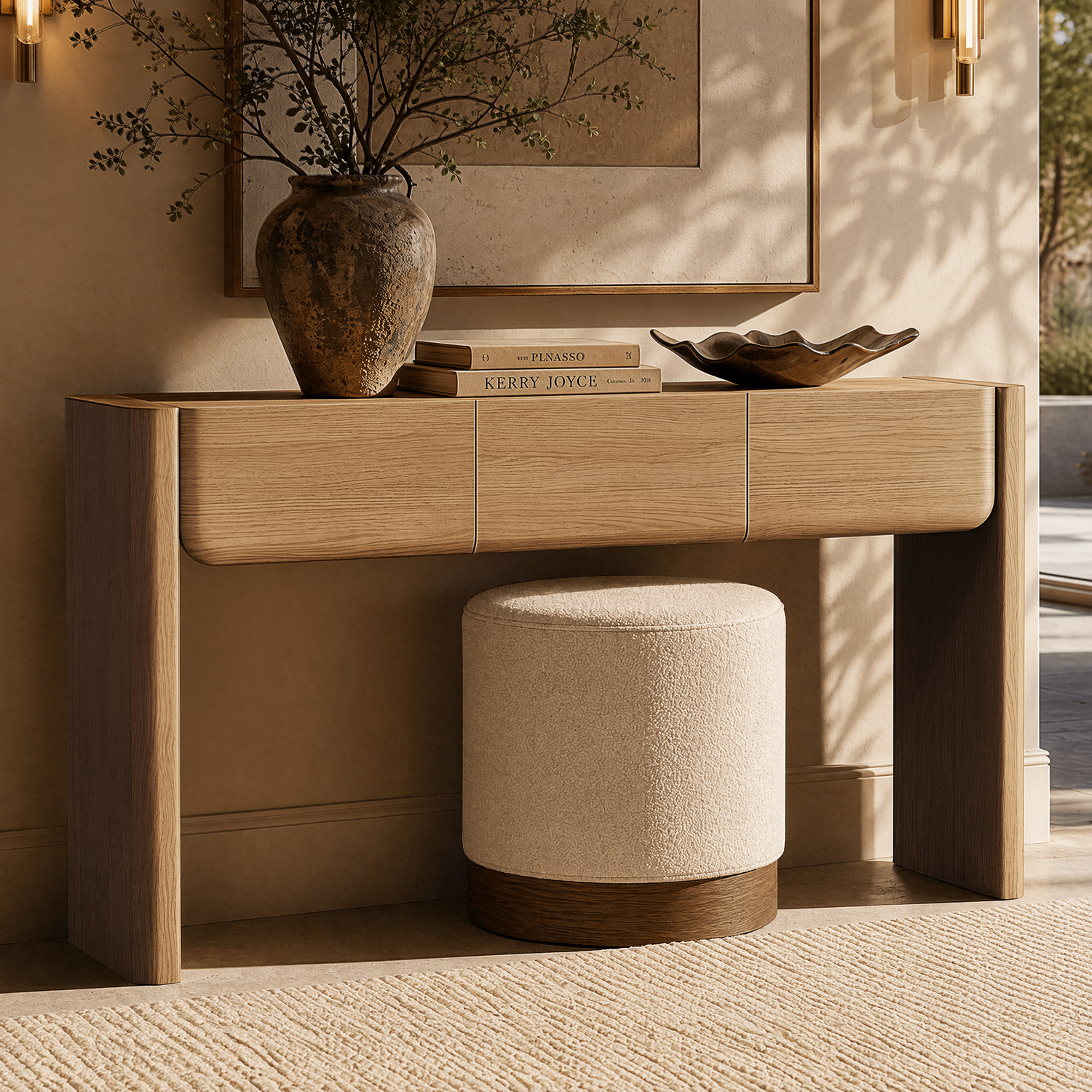 Wood-toned console table and stool in a furnished room