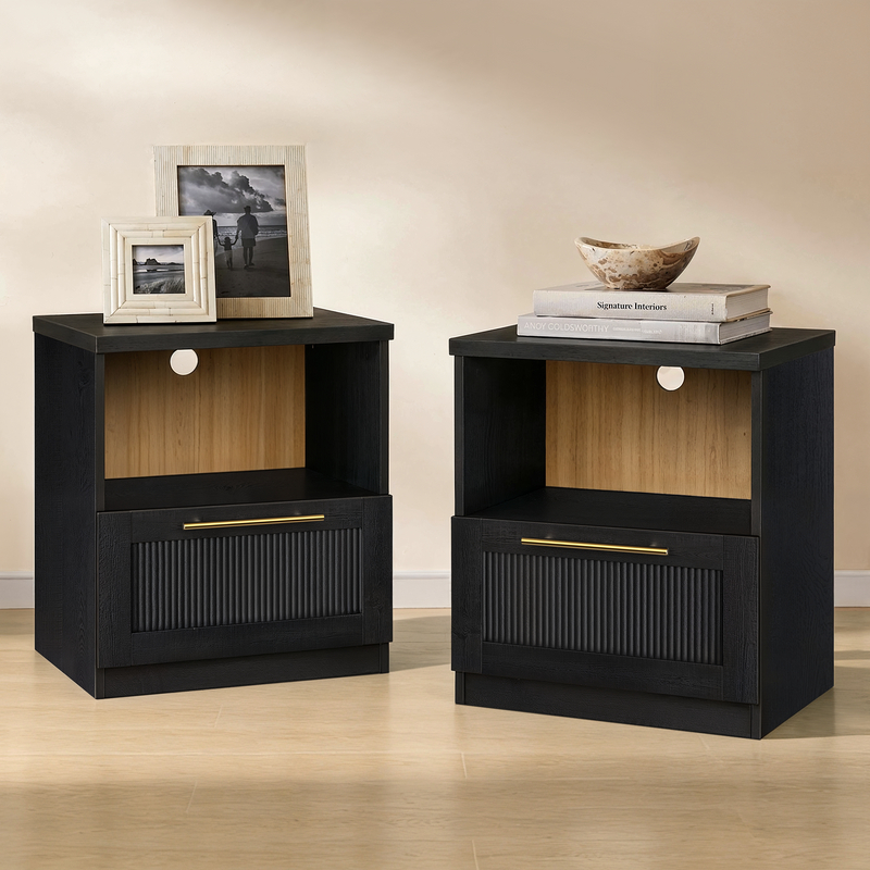 Harmo Block Black Wave-Panel Nightstand,set of 2