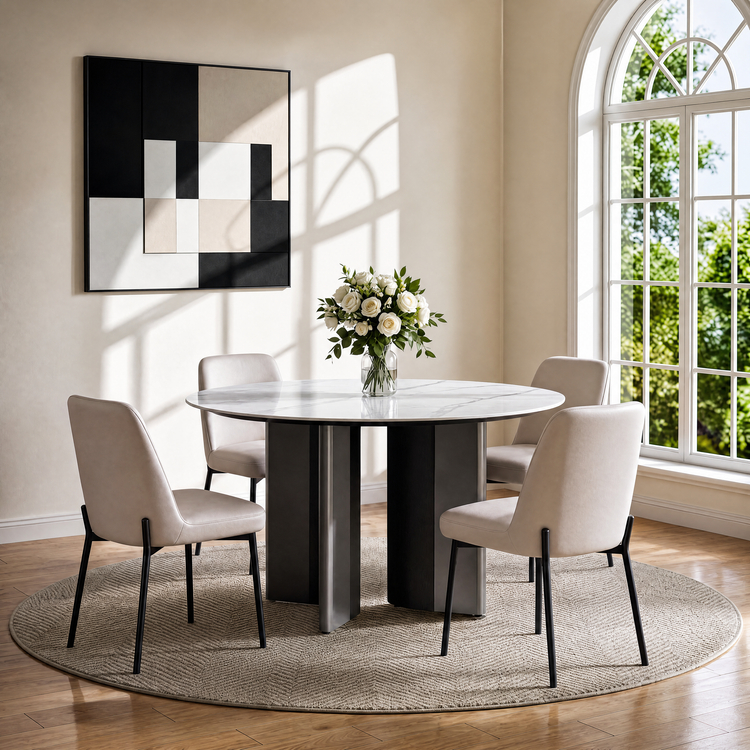 53" Snowy Mountain Glossy Sintered Stone Round Table for 6-8 (with Turntable)
