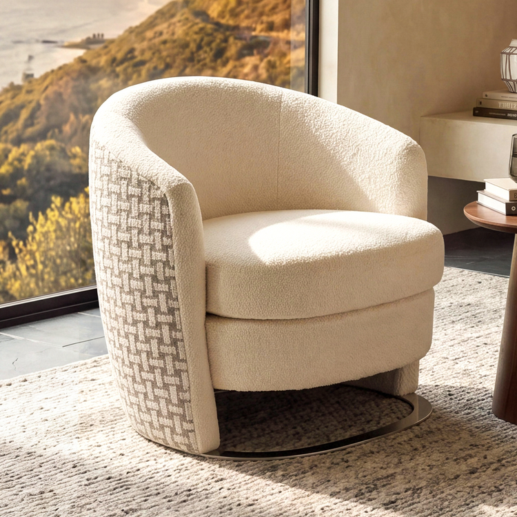 [Pre-sale]30.7" Modern Barrel Accent Chair in Beige, Curved Wrap-Around Backrest, Thick Spring Cushion