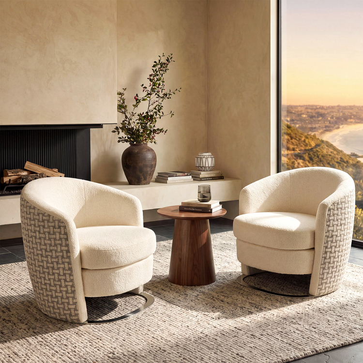 [Pre-sale]30.7" Modern Barrel Accent Chair in Beige, Curved Wrap-Around Backrest, Thick Spring Cushion