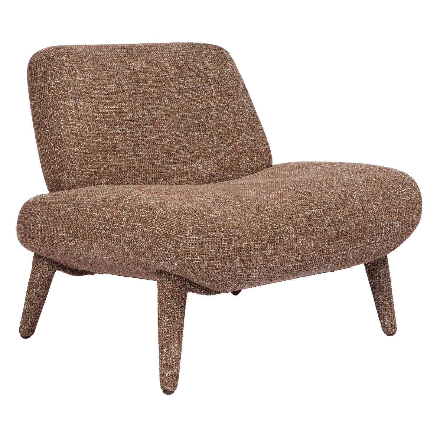 Rust-brown woven lounge chair has an armless back, broad rounded seat, and four tapered legs