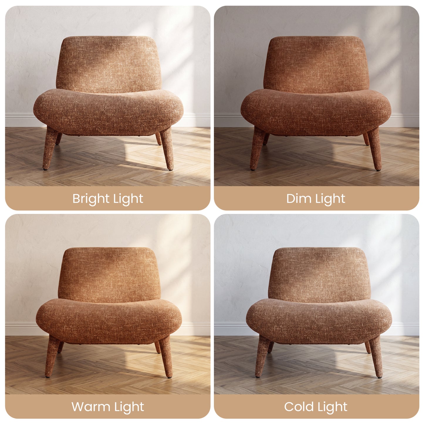 Four panels show a brown upholstered lounge chair under different lighting