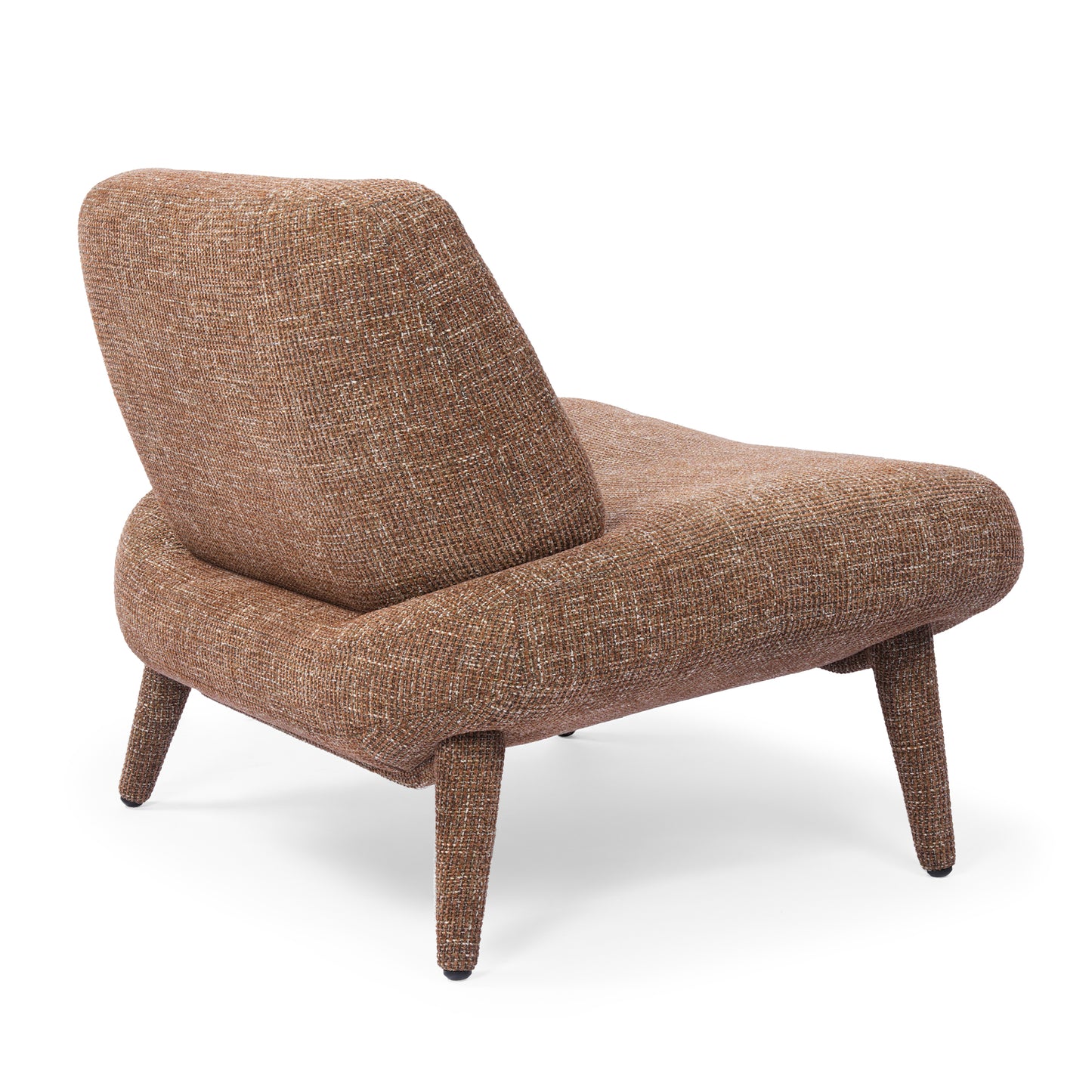 Armless lounge chair has a broad seat, angled backrest, and four tapered legs