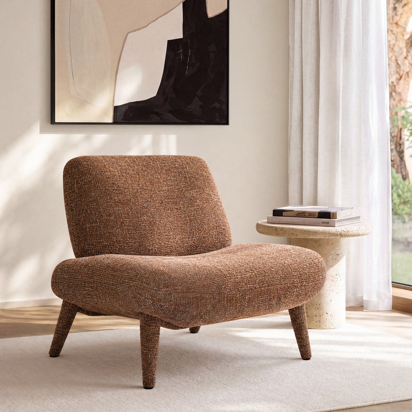 [Pre-Sale] Modern Mid-Century Bouclé Accent Chair | Wide Armless Lounge Chair in Rust Brown