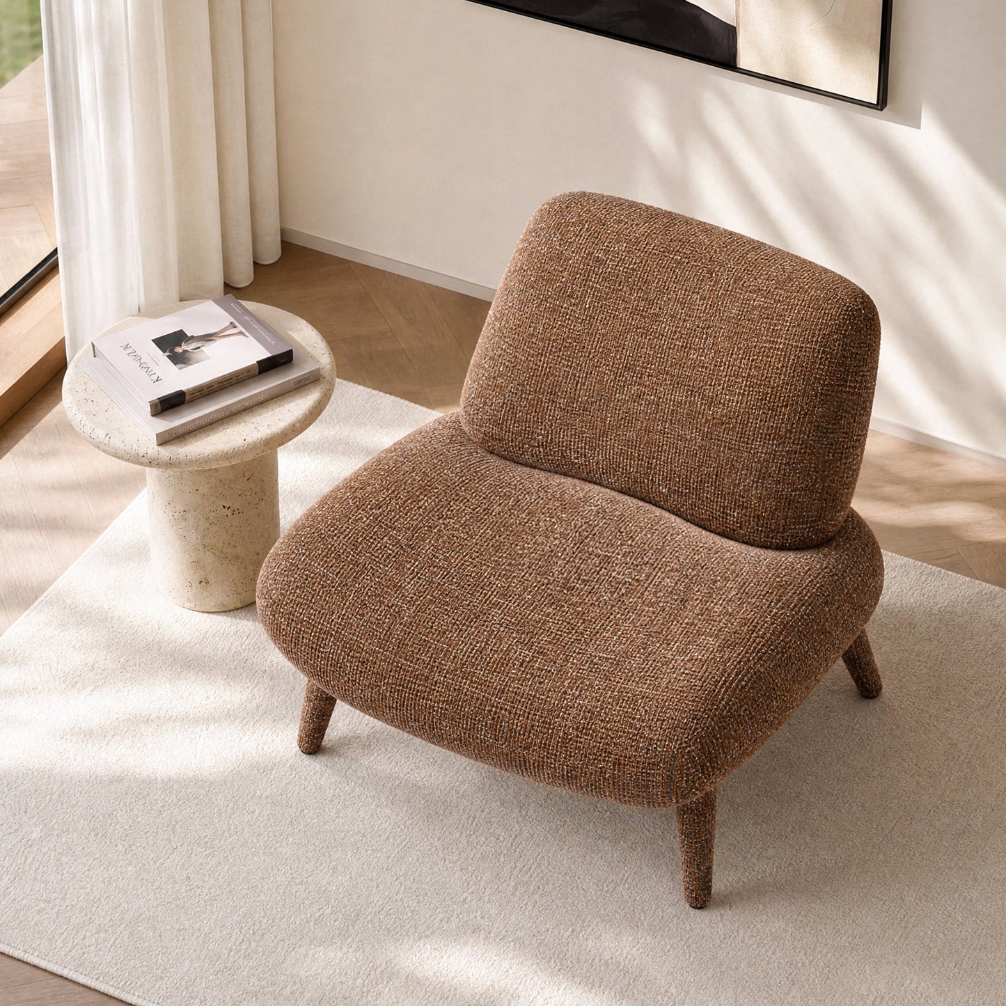 [Pre-Sale] Modern Mid-Century Bouclé Accent Chair | Wide Armless Lounge Chair in Rust Brown