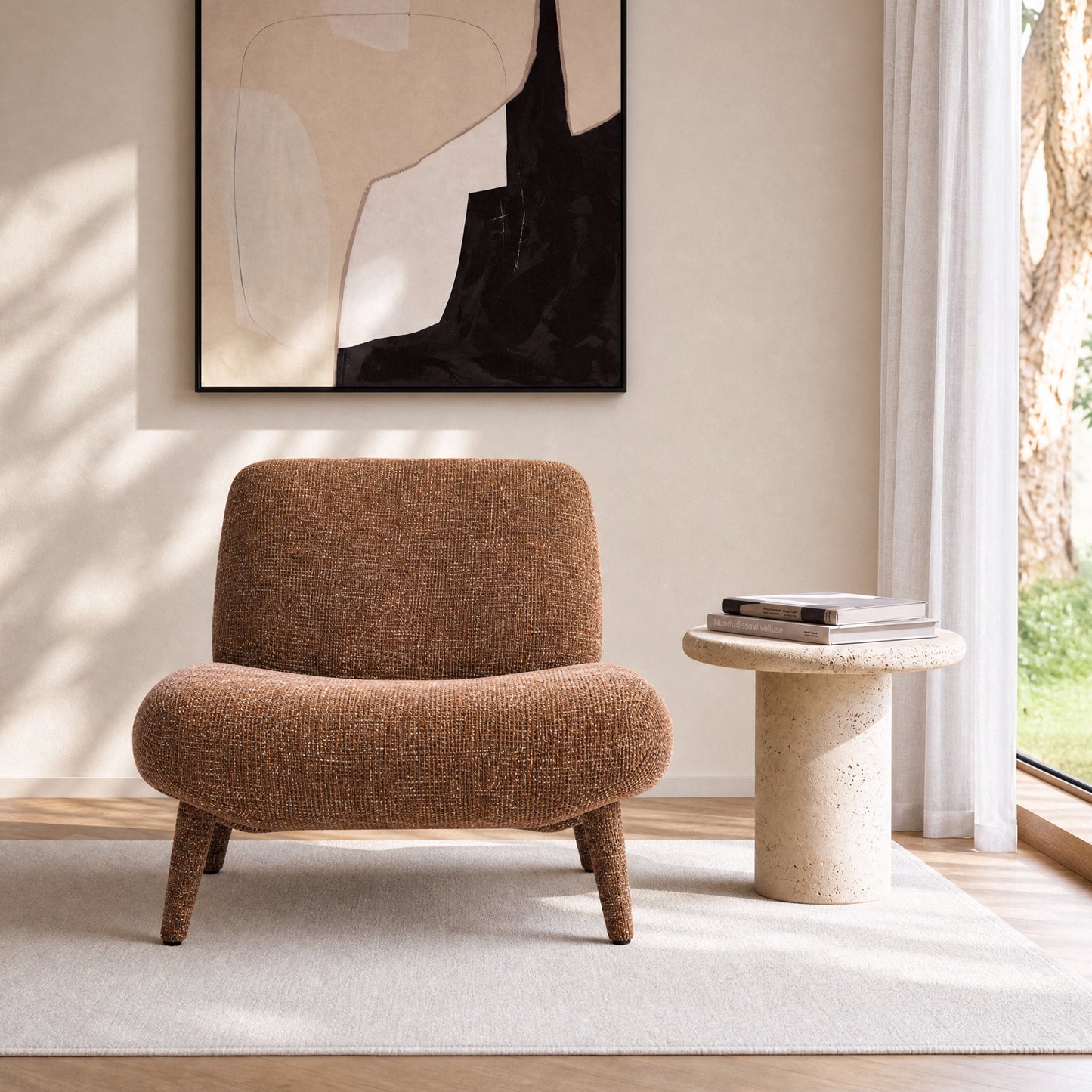 [Pre-Sale] Modern Mid-Century Bouclé Accent Chair | Wide Armless Lounge Chair in Rust Brown