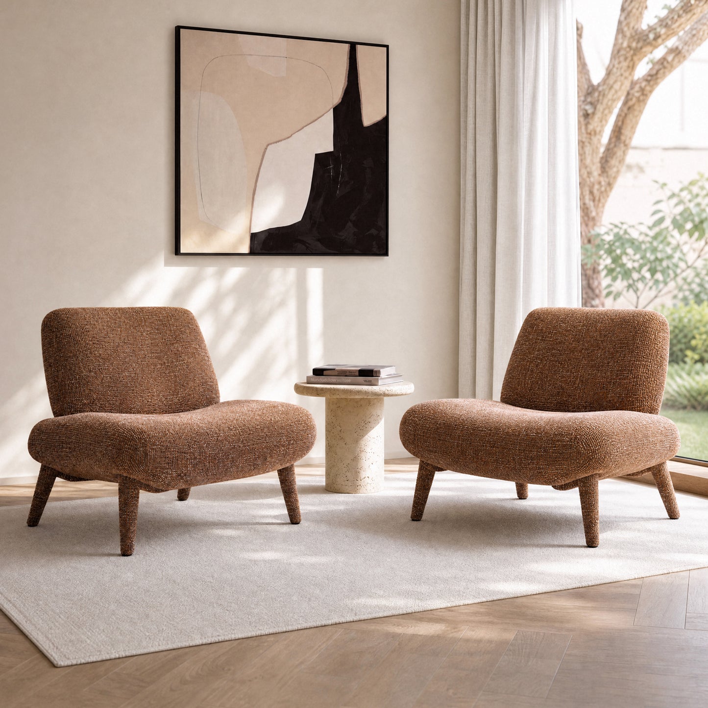 [Pre-Sale] Modern Mid-Century Bouclé Accent Chair | Wide Armless Lounge Chair in Rust Brown