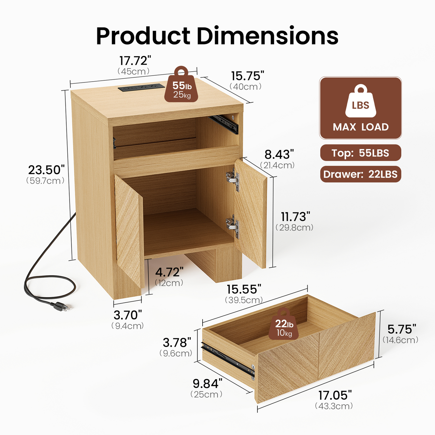 A compact cabinet with one drawer, two doors, and a top power strip is diagrammed