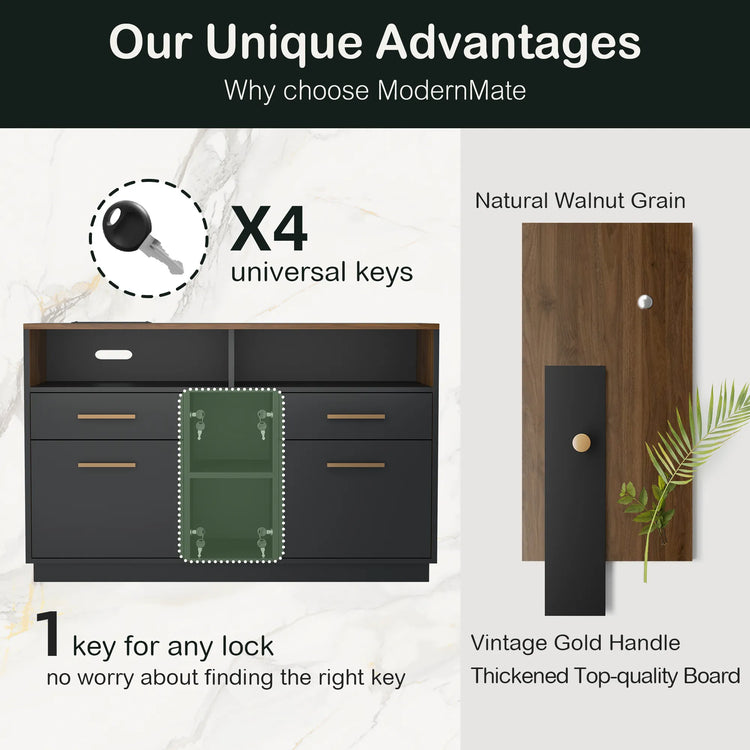 A comparison graphic shows a black and walnut cabinet, four keys, wood grain, a gold handle, and highlighted lockable sections