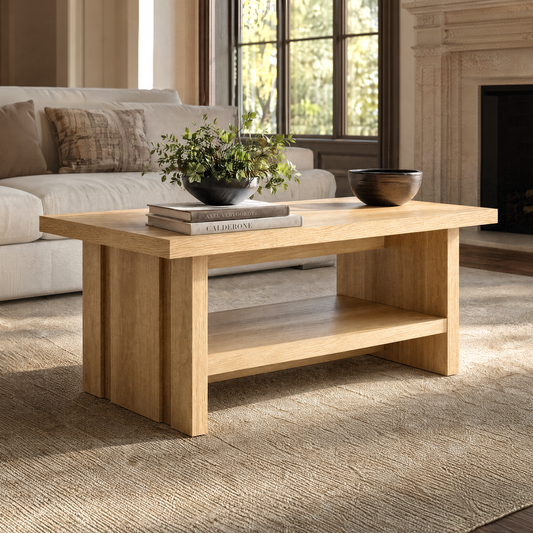 43" Coffee Table with Storage, Modern Center Table with Open Shelf in Natural