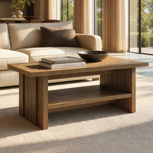 Rectangular wood-grain coffee table with a lower shelf holds two books and a dark bowl beside a cream sofa