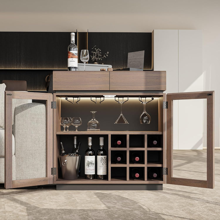 The open cabinet shows hanging glass holders, shelves, and cubby storage for bottles