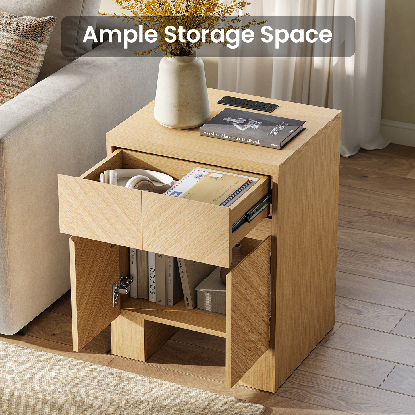 2PCS Galileo 23.5 " Wooden Nightstand with Charging Station, Natural Oak
