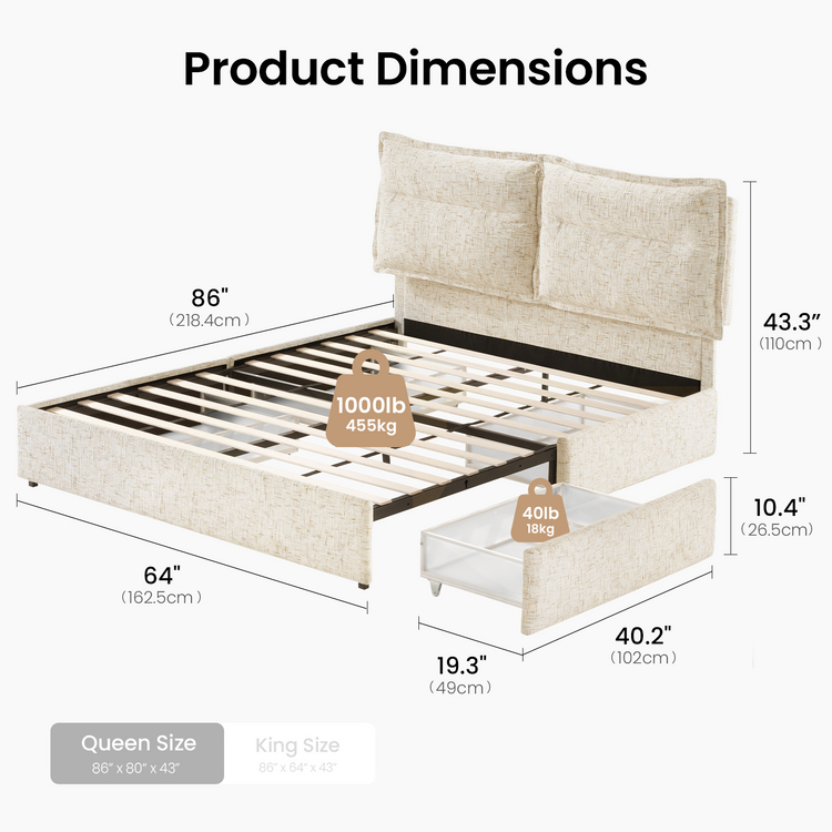 Queen Storage Bed with 4 Drawers: Freya Upholstered Frame, Sandstone Beige