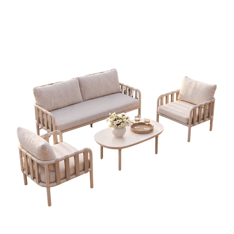 Cutout outdoor set with one sofa, two chairs, and a central coffee table on black
